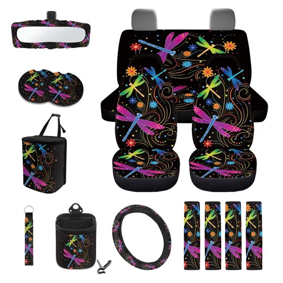 Uorisanigo Dragonfly Print Car Seat Covers Full Set Car Interior Seat Cover with Car Steering Wheel Cover,Car Seat Belt Cover,Car Cup Holder, Car Trash Can, Keychain Car Decor Gift for Wife