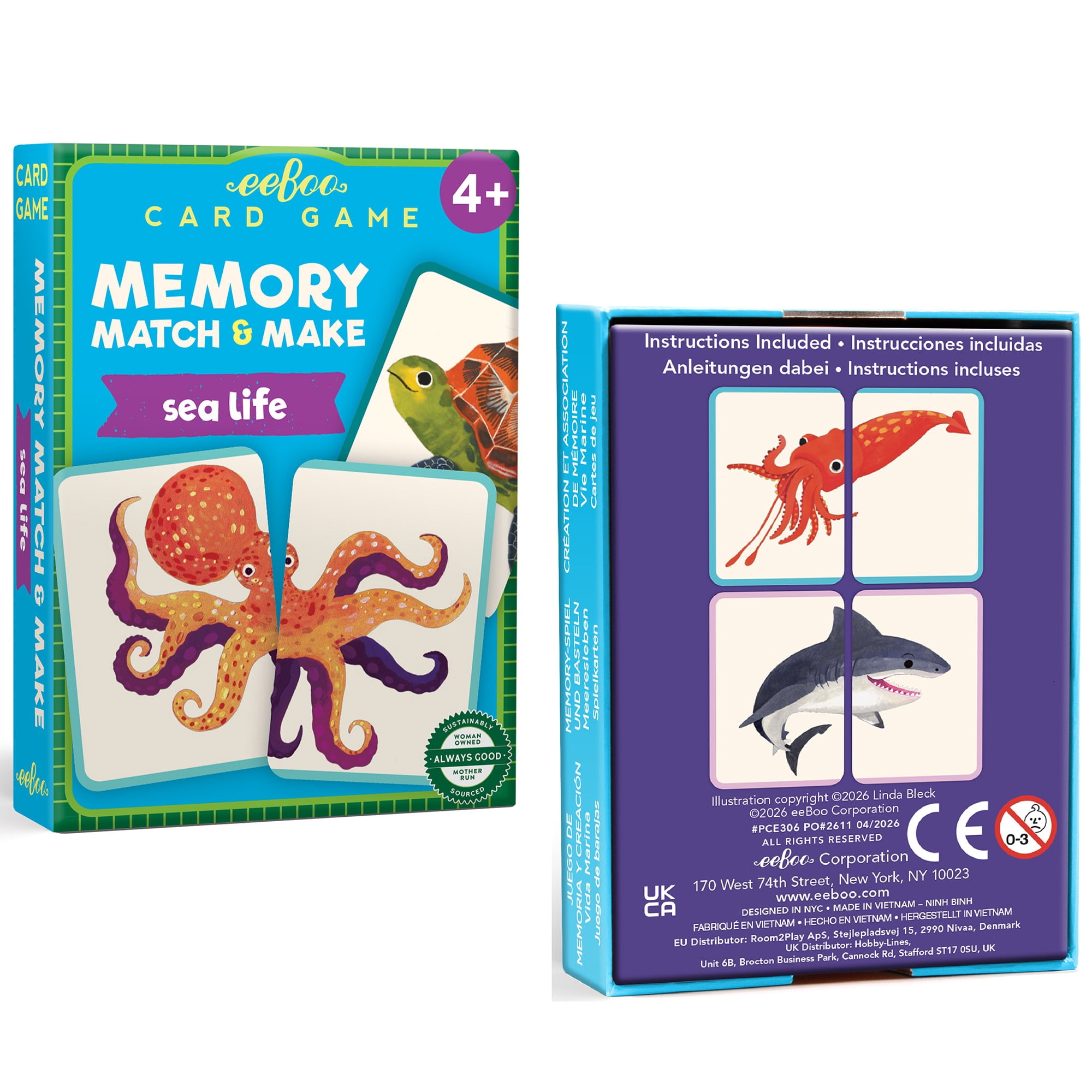 eeBoo Sea Life Memory Match & Make Game, Ages 4+ For 1-4 Players - Sharpens Visual Acuity, Concentration, And Memory Skills, 48 Cards, 24 Pairs
