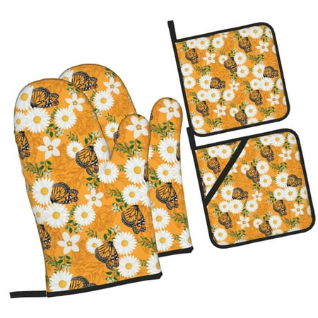 

Zufioo White Floral and Butterflies Oven Mitts and Pot Holders 4pcs Set Kitchen Oven Glove High Heat Resistant 500 Degree Extra Long Oven Mitts for Kitchen Baking Cooking