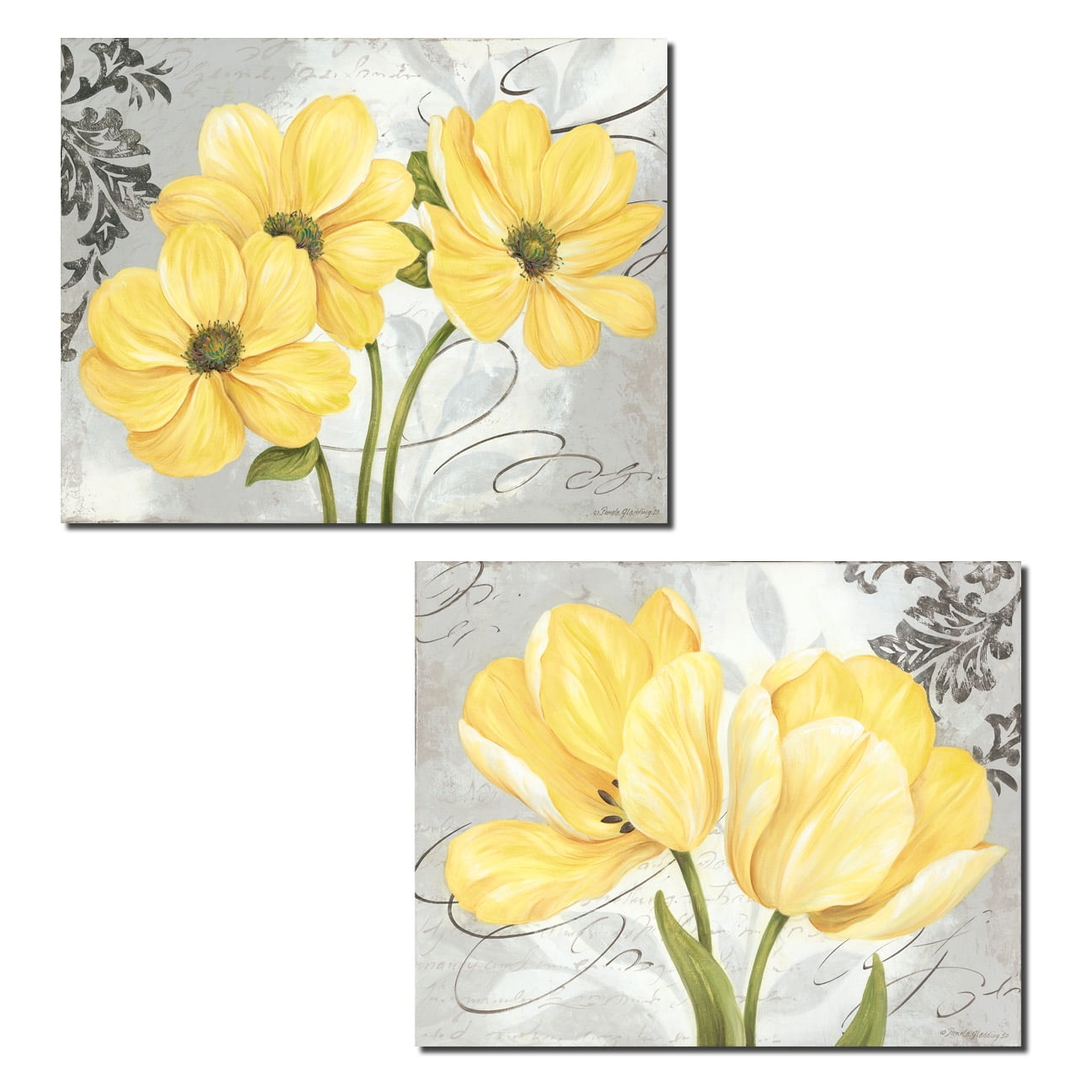Gango Home Decor Beautiful Cosmos and Tulip Floral Wall Art; Two Yellow