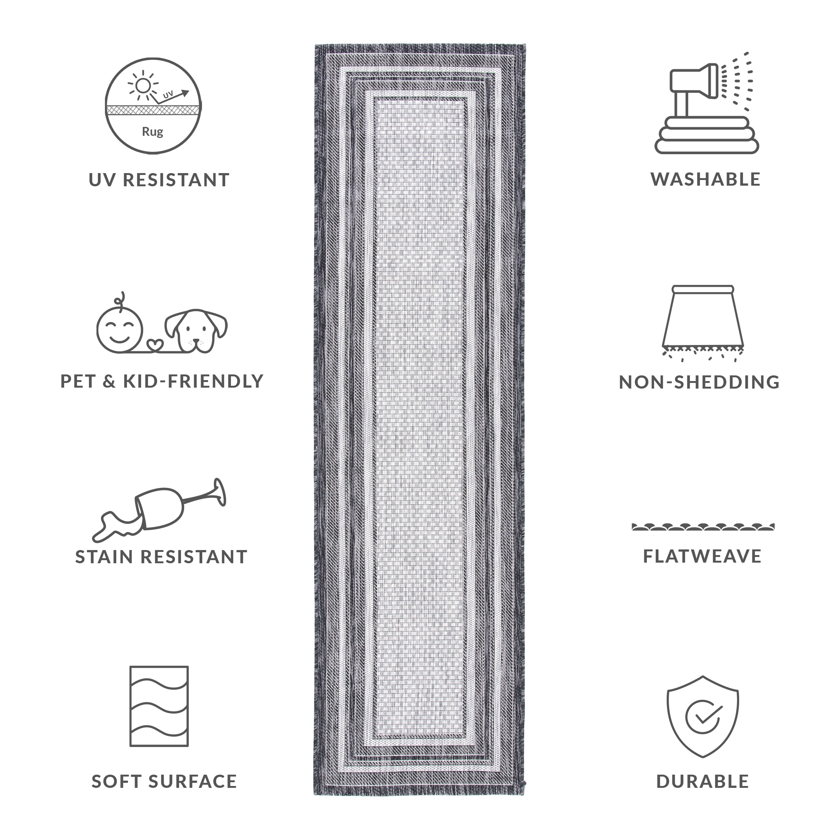 Safavieh Courtyard Ercan Bordered Indoor/Outdoor Runner Rug, Light Gray/Black, 2'3" x 14'