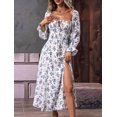 thumbnail image 5 of Womens Casual Square Neck Long Sleeve Boho Floral Midi Dress Print Side Split Dresses White XL, 5 of 8