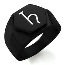 Stainless Steel Solar System Planetary Saturn Engraved Hexagon Crest Flat Top Biker Style Polished Ring