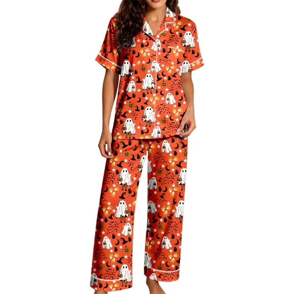 MEZZALL Women Halloween Cartoon Print Pajama Set Lapel Collar Button Closure Short Sleeve Top With Long Pants Loungewear Sleep Set For Holiday Versatile 2 Piece Pjs