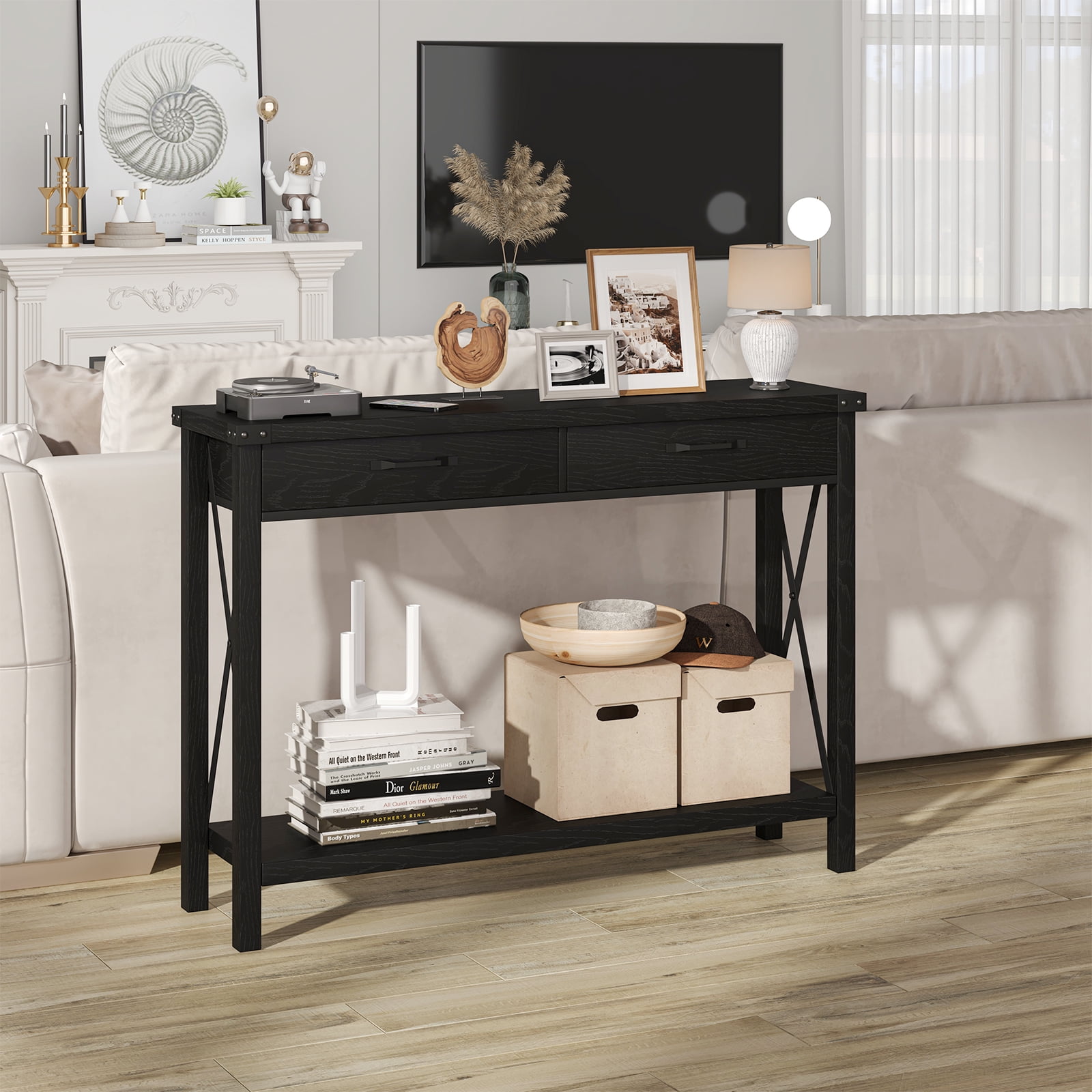 Console Table with 2 Drawers, Farmhouse Entryway Table with Storage Shelf, Accent Wood Sofa Table for Living Room, Hallway, Foyer - Black