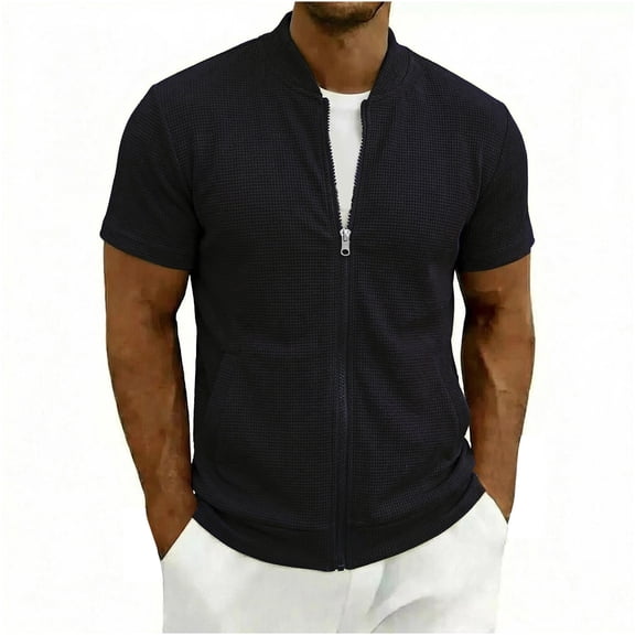 Ecqkame Mens Short Sleeve Jackets Solid Stand Collar Zip Up Lightweight Coats Casual Daily Outdoor Sports Outerwear Top Black XL