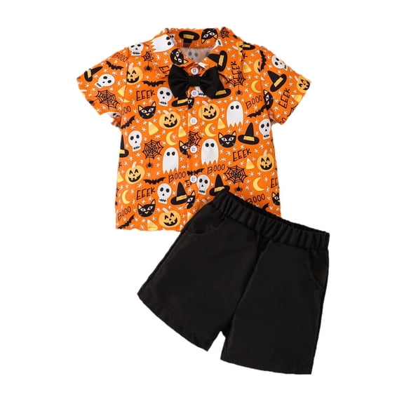 BOOMNY Halloween Child Boys 2 Peice Clothes Set Hallowmas Pumpkin Ghost Graphic Short Sleeve Buttons Shirts Shorts Outfits for Kids Soft Clothing Set