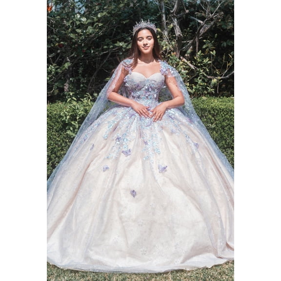 Women's GLS Gloria 3D Butterfly Cape Ball Gown Gl3501 Lilac Lavender And Champagne Goldish Beige Size 2XL Lavender/champagne