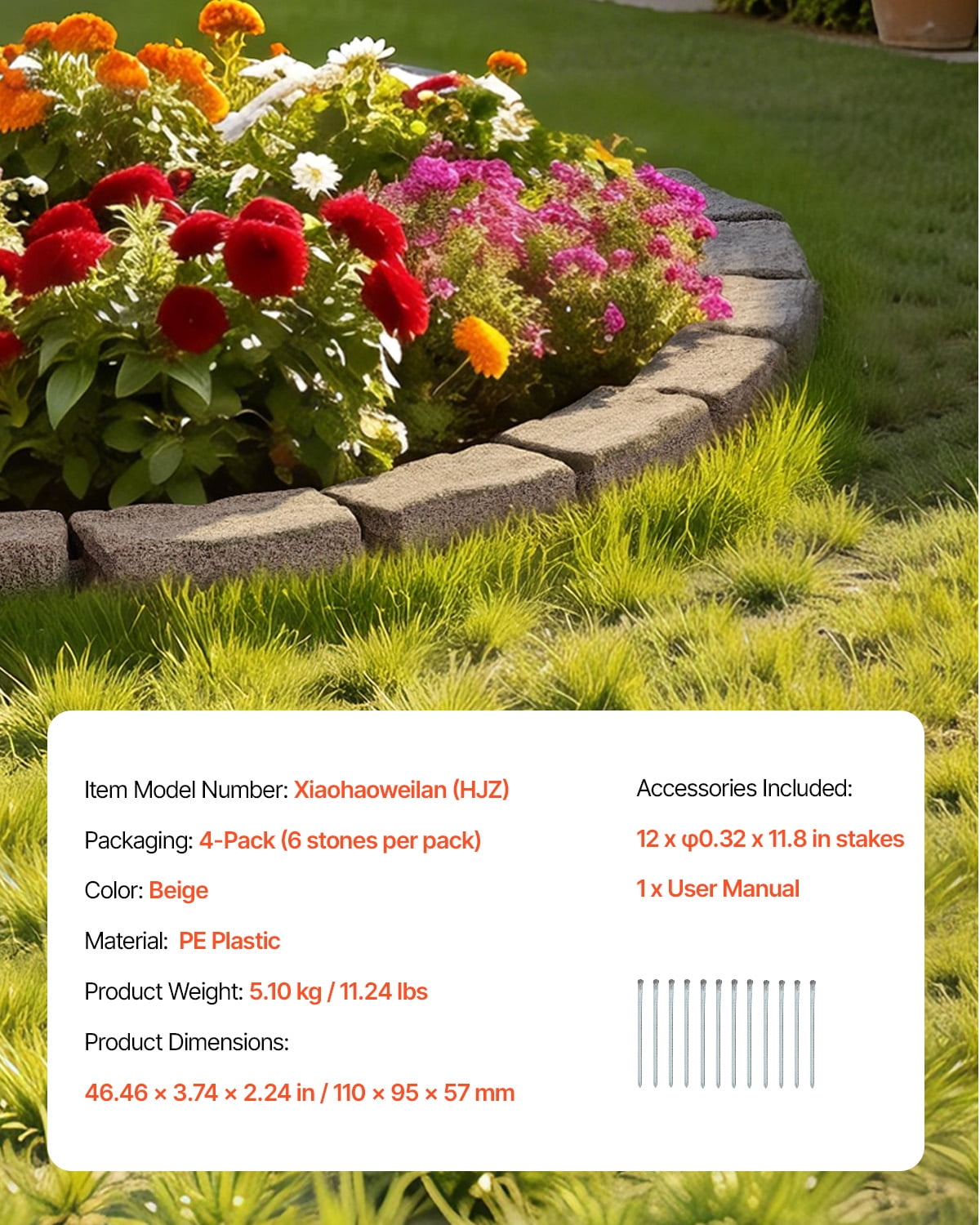 KFFKFF Imitation Stone Landscape Border, 46.4 x 2.2 in Authentic Lawn Border, Adaptable Brick-Like Garden Border with Grounding Pegs, Durable Driveway and Walkway Edging in Beige, Resistant to Fading