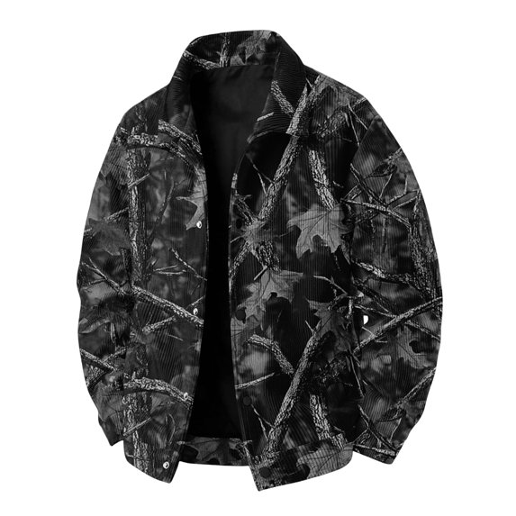 GrmtClth Autumn Mens Leaf Camo Overshirt Jacket Long Sleeve Snap Closure Soft Fabric Daily Casual Outerwear Black 3XL