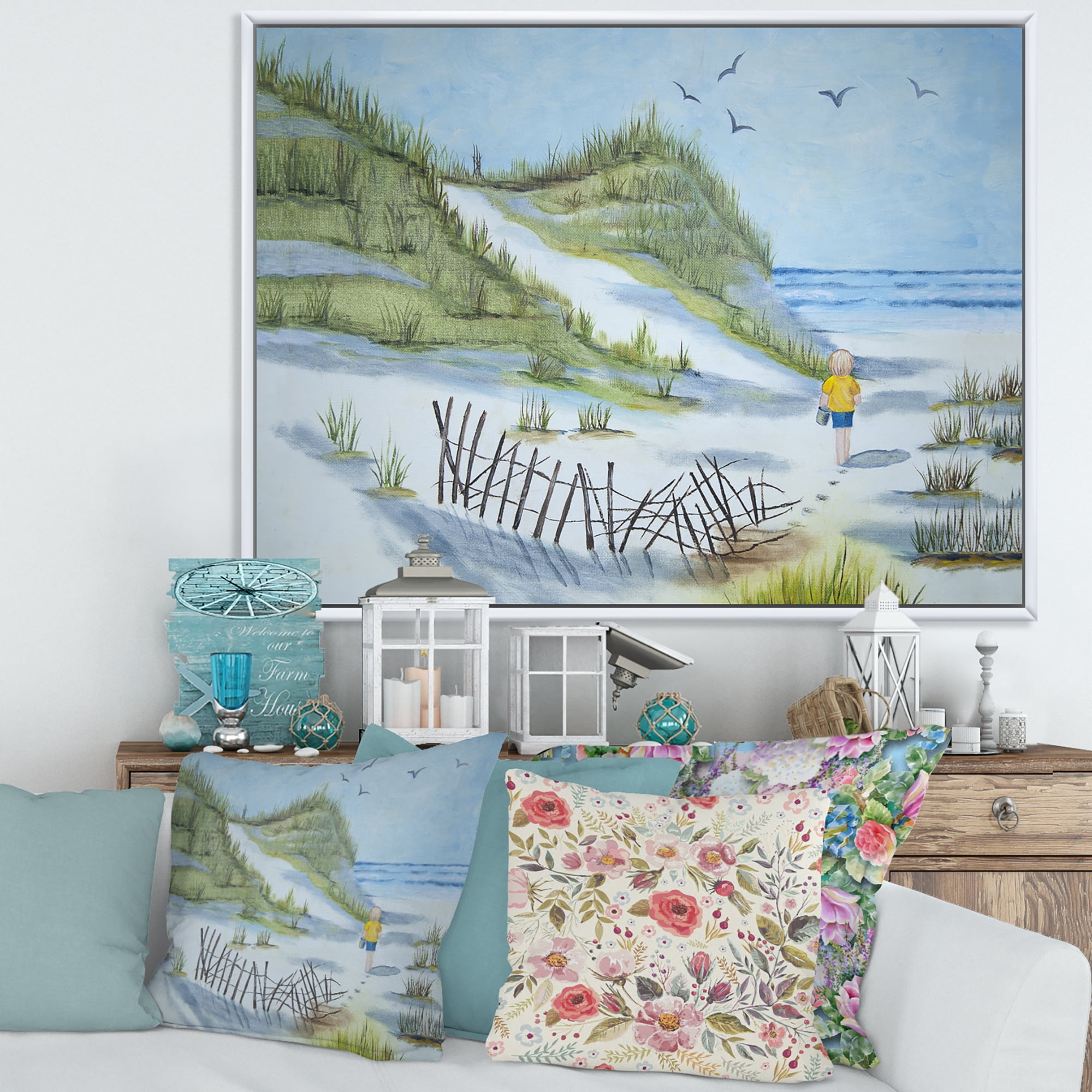 Designart 'Child Walking to The Beach' Nautical & Coastal Framed Canvas Wall Art Print