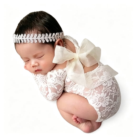 Ylsteed Newborn Baby Girls 0-3 Months Long Sleeve Floral Hollow Lace Romper Bodysuit with Wheat Lace Headband Infant Photography Shoot Outfit Props