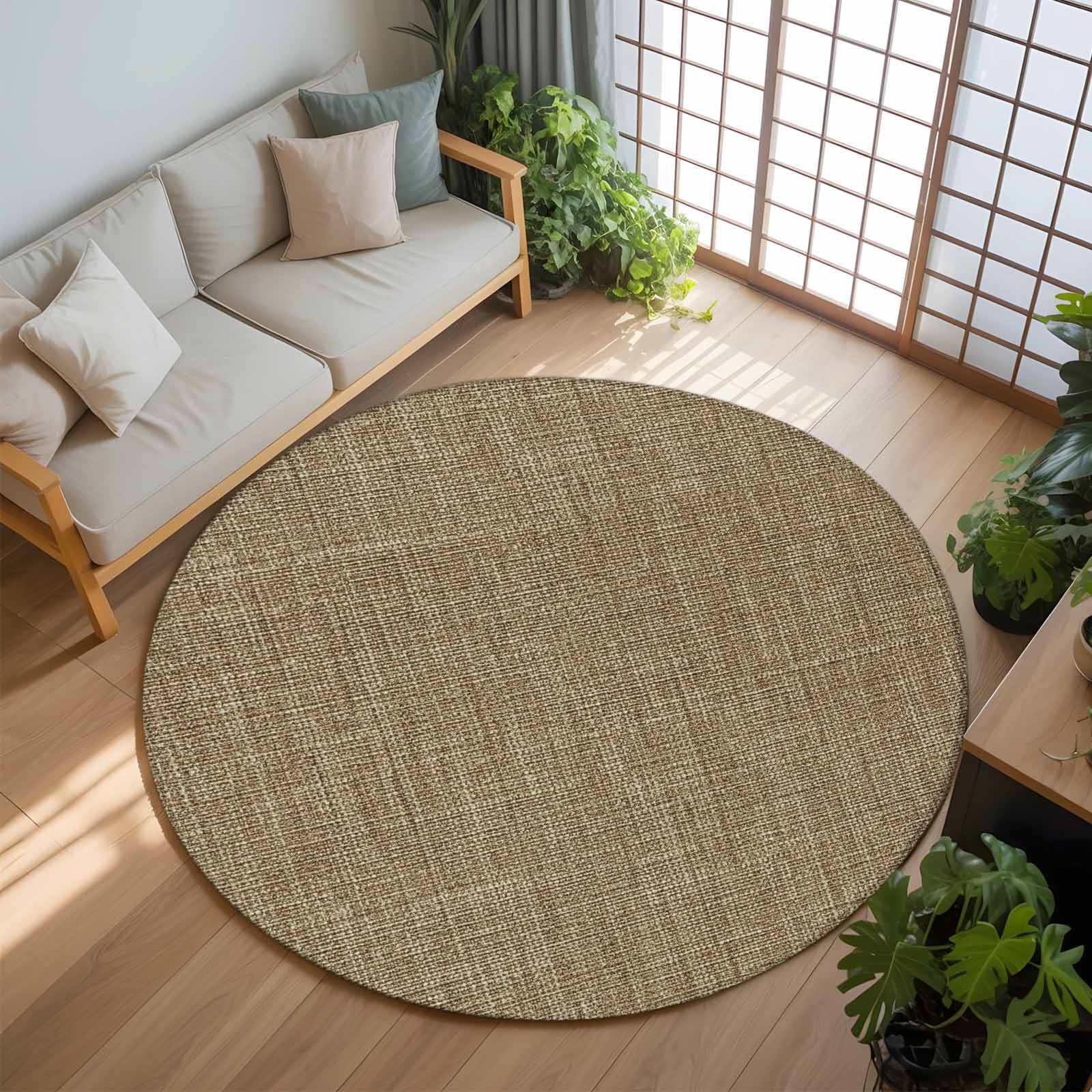Brown 8ft Round Rug, Farmhouse Burlap Solid Beige Color Modern Linen Texture Non-Skid Rubber Backing Large Area Rugs - Living Room Bedroom Home Office, Indoor Floor Mat Carpets Washable Rug