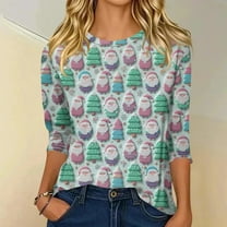 Fabrcox Crew Neck Women's T Shirts Christmas M-3xl Plus Size 3/4 Sleeve Santa Claus Print Tee Tops Casual Raglan Baseball Tees Lightweight Tops Green L