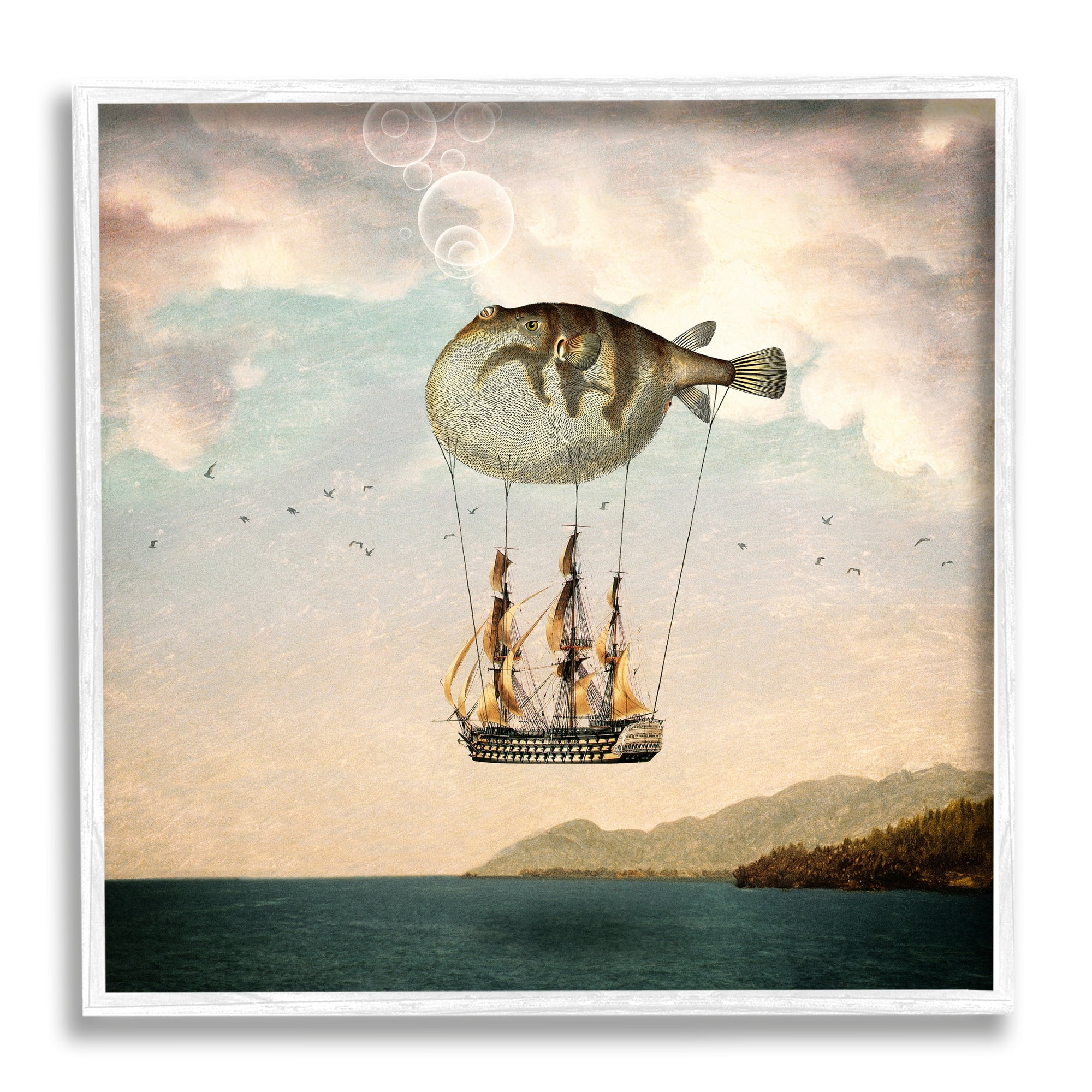 Stupell Industries Surreal Puffer Fish Hot Air Balloon Cloudy Lakeside Framed Wall Art, 17 x 17, Design by Paula Belle Flores