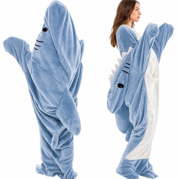 LEKWK Shark Blanket Hoodie Onesie Adult Funny Animal Onesie Cozy Flannel Shark Sleeping Bag Fleece Jumpsuit Pajamas Halloween Cosplay Costume