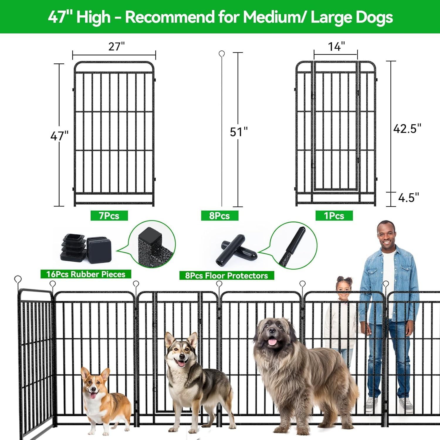 Heavy Duty Dog Playpen: 8 Steel Panels 47" Height, Square Steel Pipe with Reinforced Crossbars, 18FT 25 Sq.ft Portable Fence for Yard RV Camping, Snowy Black