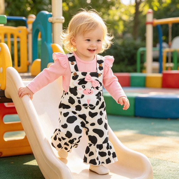xaweyi Baby Girls 3‑Piece Outfit Ruffle Long‑Sleeve Bodysuit Cow Print Suspender Flare Overalls Matching Headband Size 0-3 Months