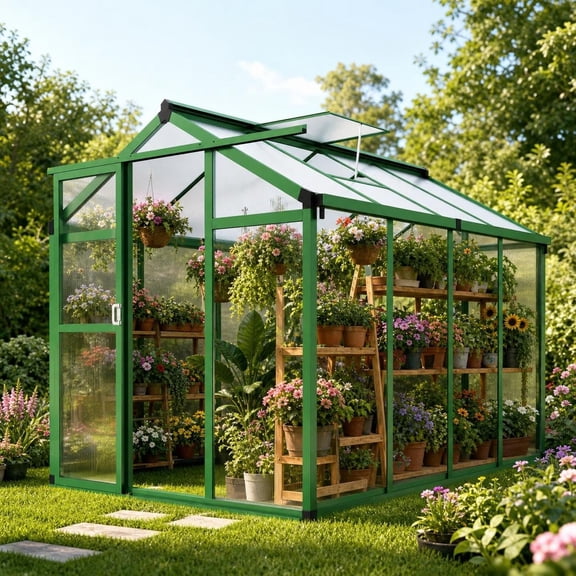 6 x 8 FT Greenhouse, Walk-in Greenhouses, Polycarbonate Greenhouse with Aluminum Frame, 2 Top-Opening Windows, Swing Doors, Lockable Door and Ajustable Roof Vent for Outdoor Use, Backyard Garden
