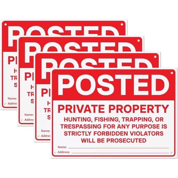 Posted Private Property Signs 4 PK | No Hunting No Trespassing PVC Signs with Mounting Holes, 14" x 10"