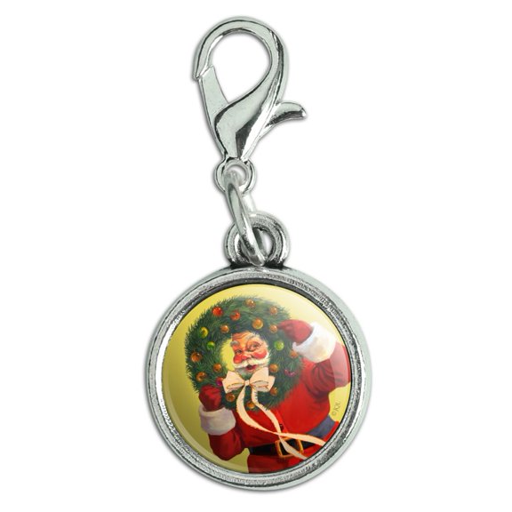 Christmas Holiday Santa Wreath Ribbon Swirl Antiqued Bracelet Pendant Zipper Pull Charm with Lobster Clasp