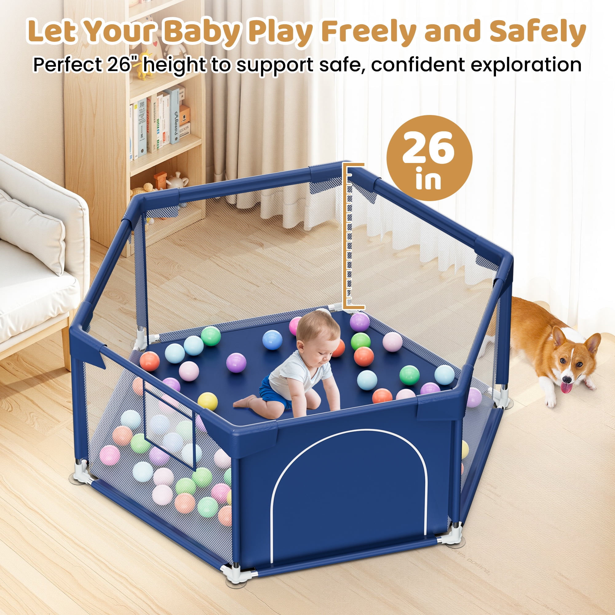 babyeap 50 Inch Baby Playpen,Hexagonal Toddler Playpen,Navy Blue