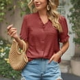 thumbnail image 3 of Estrela Blusa de manga corta para mujer Top con cuello en V Botón con volantes Blusa de manga corta de moda para trabajar Rojo S, 3 of 6