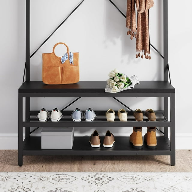 BeesClover Industrial Coat Rack Shoe Bench 72" Hall Tree Shoe Rack for Entryway Large Storage Shelf and Removable Hooks Metal Frame