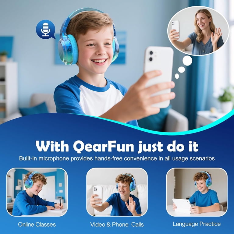 QearFun Kids Bluetooth Headphones, Blue Gradient photo 6