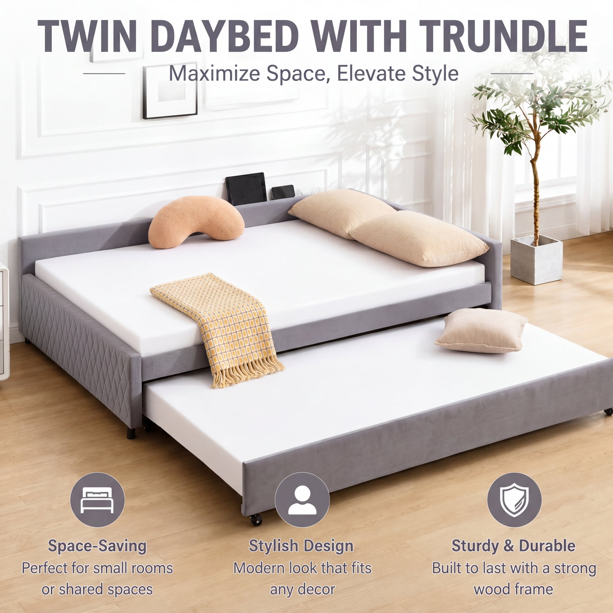 Leumius Upholstered Daybed with Trundle,Sturdy Wooden Bed Frame, Modern Diamond Grid Design for Bedroom Guest Room (Grey)