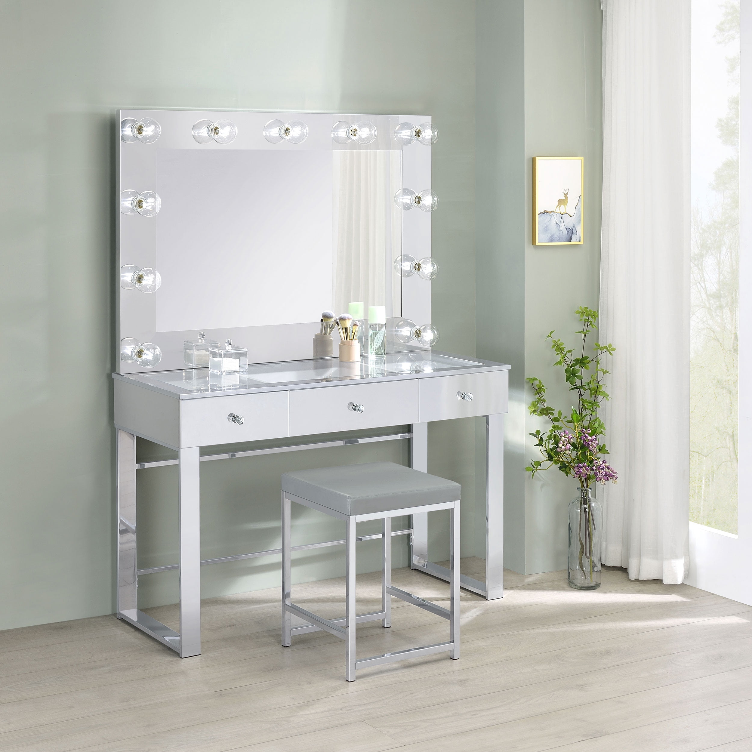 Light Grey Upholstered Square Vanity Stool