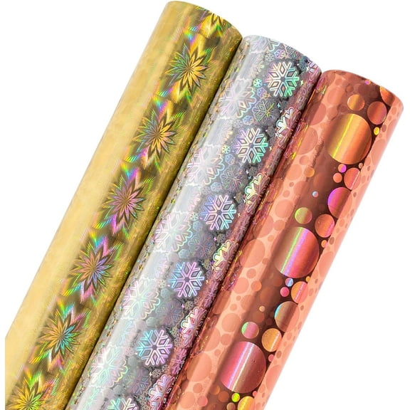 LeZakaa Holographic Foil Wrapping Paper - Mini Roll - Silver Snowflake/Gold Flower/Champagne Dot Print for Christmas, Holiday, Wedding, Birthday - 17 x 120 inches - 3 Rolls (42.5 sq.ft.ttl.)