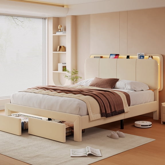 Velvet Upholstered Platform Bed Frame, LED Headboard with 2 Storage Drawers, Built-in Charging Station, Solid Wood Slat Support, No Box Spring Needed, Beige