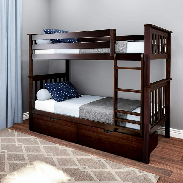 BEDSMART Lits Superposés Simple sur Simple en Bois Massif avec Rangement / Espresso