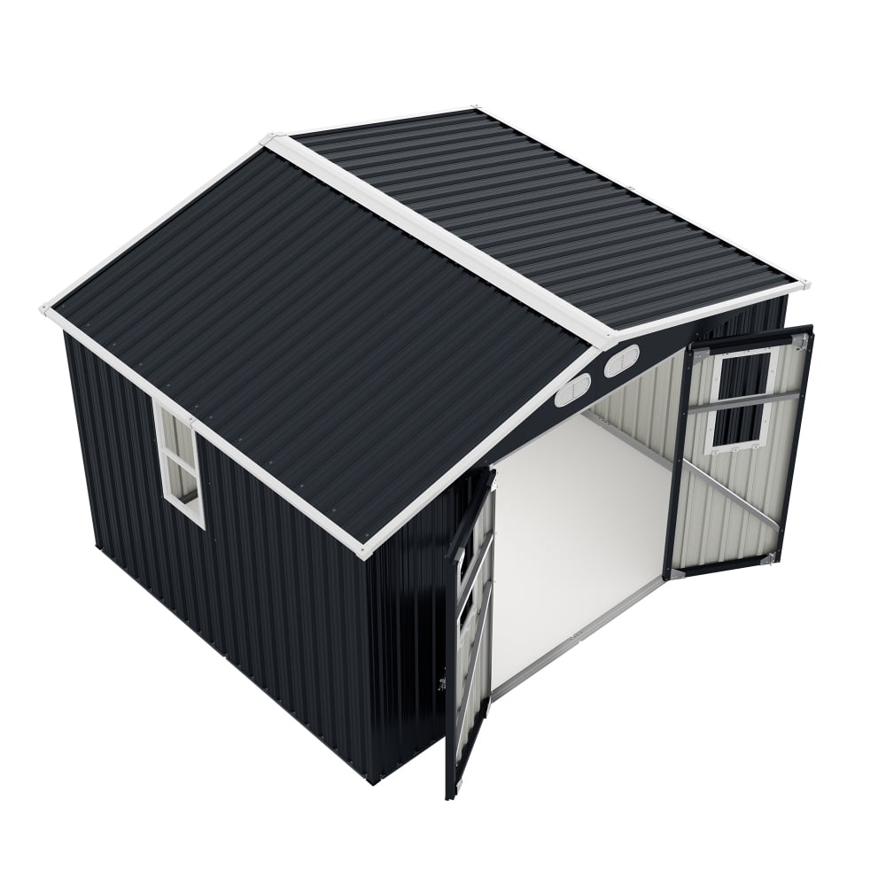 8x8 FT Storage Shed with Protective Film, 4 Windows & Lockable Doors in Dark Gray