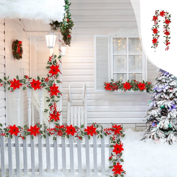 GFHFHITJ Christmas Garlands Simulation Holly Leaves Rattan with Red Berries Flowers, Faux Wall Hanging Christmas Garland, Fake Greenery Vine for Home Mood Holiday Decoration
