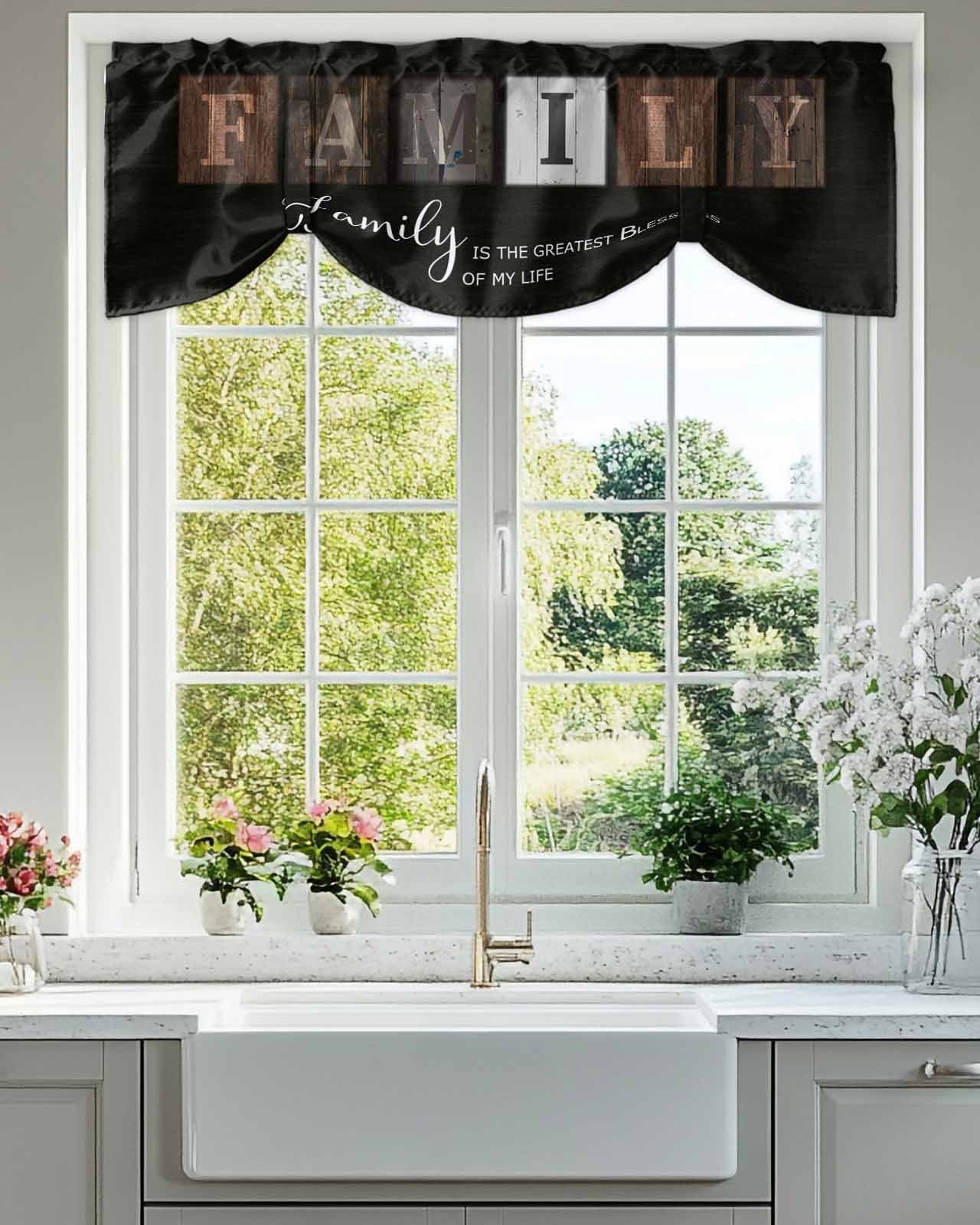 Retro Family Tie Up Valances Curtain, Adjustable Kitchen FAMILY IS THE GREATEST BLESSINGS Wood Grain Valances for Windows Decor, Rod Pocket Short Curtains Set for Bedroom/Bathroom, 54"x18"