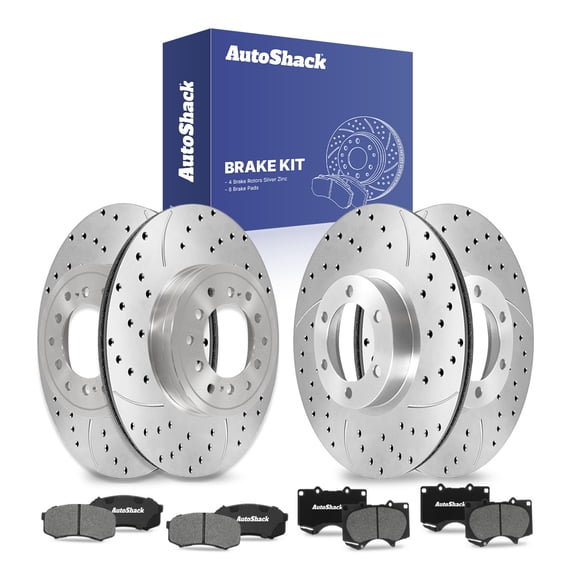 AutoShack Front & Rear Drilled & Slotted Brake Rotors Ceramic Brake Pads | Replacement for 2010-2014 Toyota FJ Cruiser 4.0L V6 4WD RWD | Silver Zinc Coated | 12-PC Brake Kit | SilverShield Pro