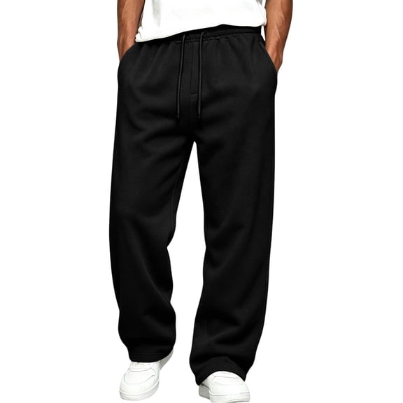 Delconic Mens Casual Loose Fit Sweatpants Drawstring Elastic Waist Straight Leg Long Pants with Pockets for Daily Wear Black L