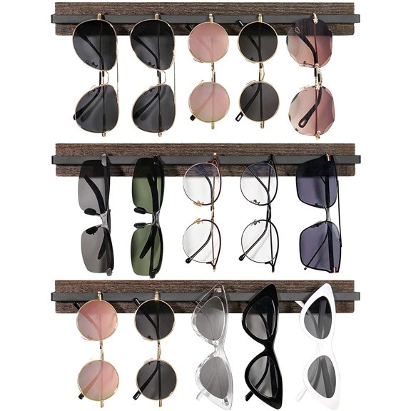 aWood Sunglasses Storage Organizer Wall Mounted Rustic Eyeglasses Display Holder Eyewear Glasses Hanging Rack for Entryway Living Room Bedroom, 3 Pack, Brown