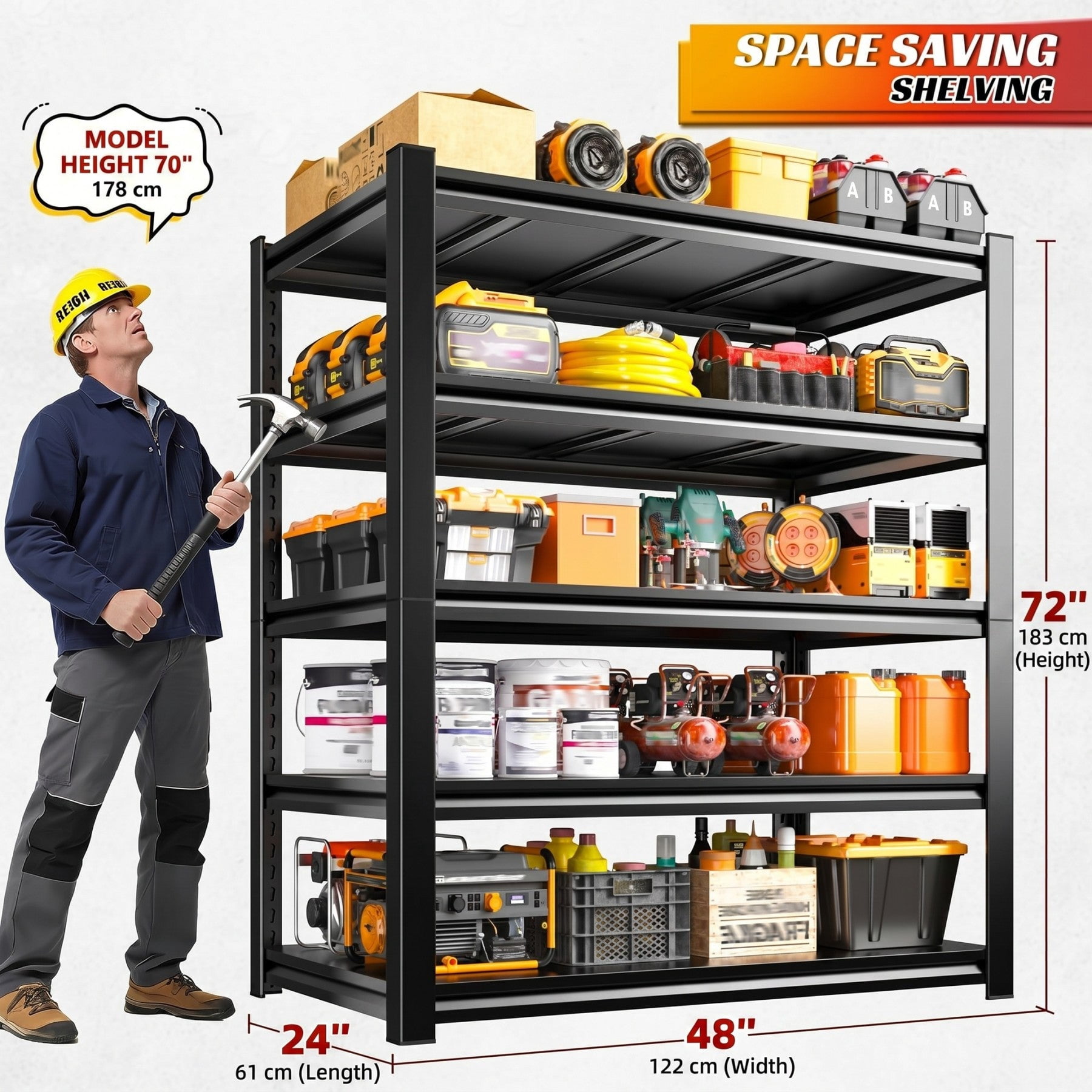 Sailvan 3000LBS Heavy Duty Garage Shelving, 5-Tier Adjustable Metal Storage Shelves, Industrial Steel Utility Rack, 48"W x 24"D x 72"H,Black