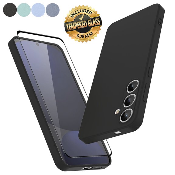 For Samsung Galaxy S24 FE Silicone Case with Tempered Glass Screen Protector, Tekcoo Shockproof Rugged Rubber Protective Cover with Microfiber Lining Cute Phone Case for Galaxy S24 FE - Black