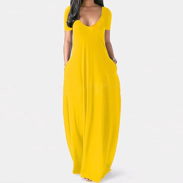 Summer Maxi Dress For Women Clothing 2022 Fashion Solid Color Sexy Deep V-neck Short Sleeve Casual Dress High Waist Pocket RobeXL Gao Jinjia LED