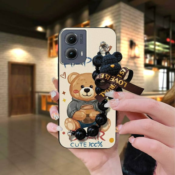 LYM-Phone Case For MOTO Edge 5G 2024, Bear bracelet soft case Dirt-resistant Black pearl pendant silicone cute Waterproof Cartoon protective case Anti-knock Simplicity Skin-friendly feel