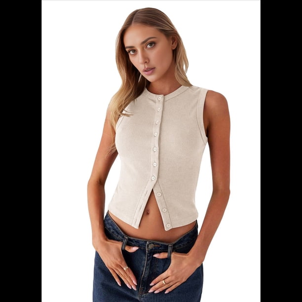 Chaleco de Mujer Sin Mangas, Cuello Redondo, Corte Ajustado, Acanalado, con Botones, Color Albaricoque XL