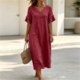 thumbnail image 7 of Vivianyo HD Women's V-Neck Fringe Trim Maxi Dress, Short Ruffle Fringe Sleeve Solid Linen Blend Loose Casual Summer Dresses for Women Vacation, Women's Wine, Sizes S-2XL, 7 of 7