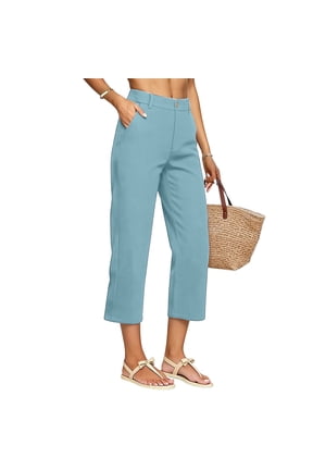 Linen Capri Pants Women 2026 Spring Summer Casual Lightweight Petite Elastic Waist Straight Leg Capris with Pockets Light Blue S