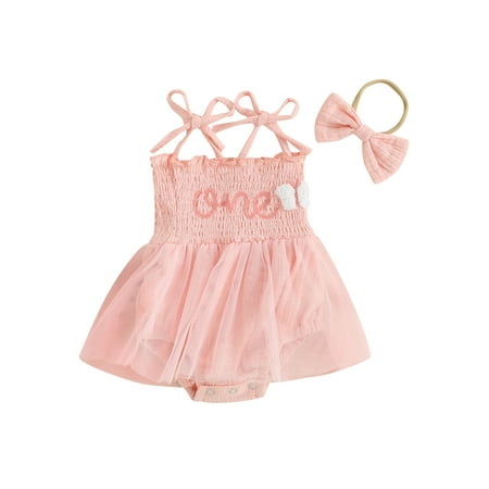 

Bslissey Infant Baby Girls Summer Sleeveless Romper Dress Letter Tie Up Strap Tulle Patchwork Pleated Bodysuit with Headband Newborn Sweet Birthday Outfit 3M 6M 9M 12M 18M