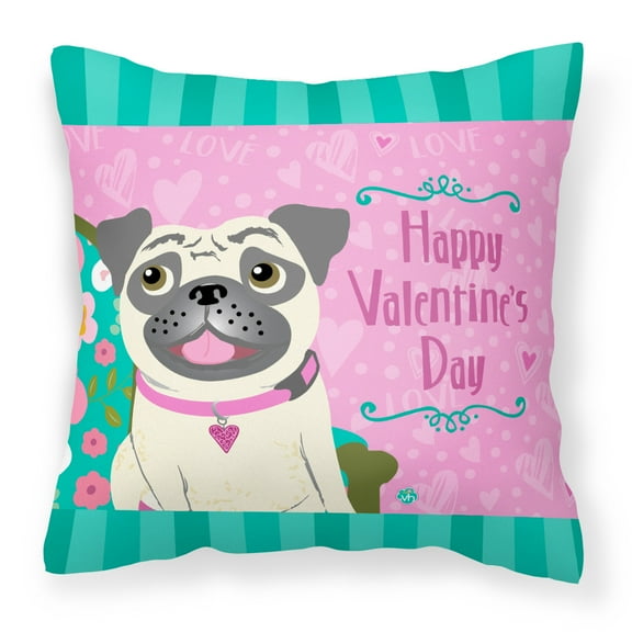 Carolines Treasures VHA3002PW1414 Happy Valentines Day Pug Fabric Decorative Pillow 14Hx14W multicolor