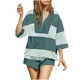 thumbnail image 2 of Simua Women's Striped Workout Set Two Piece Outfit Oversized Lounge Colorblcok Half Zipper Top and Shorts with Pockets, 2 of 9